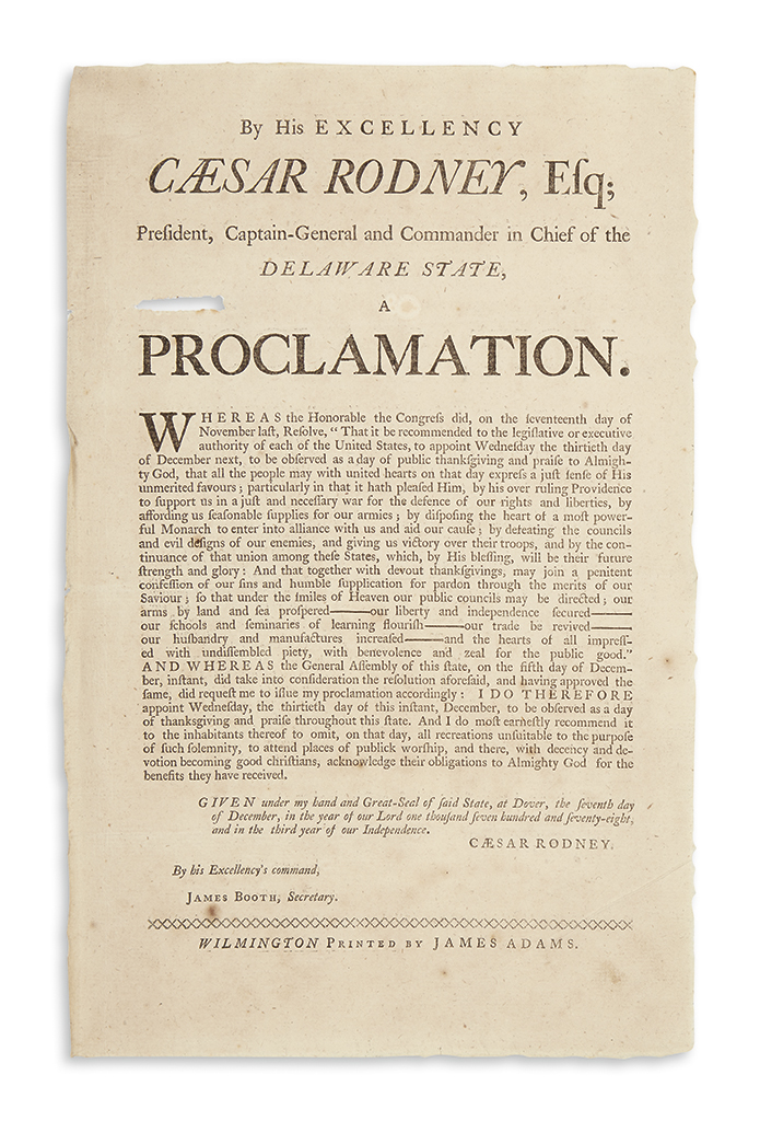 (AMERICAN REVOLUTION--1778.) Rodney, Caesar. Broadside proclamation of Thanksgiving in Delaware.